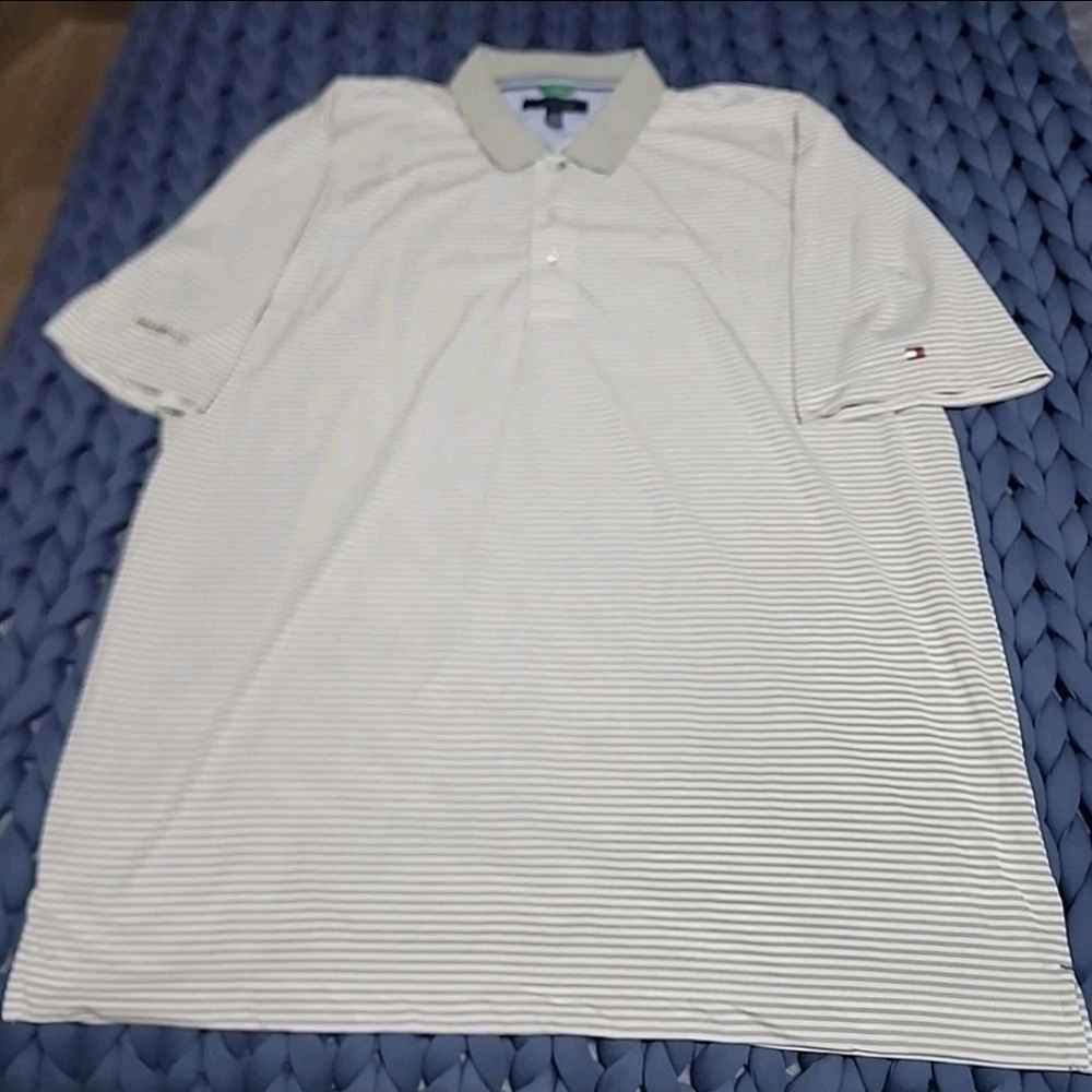 Vintage Tommy Hilfiger Polo Shirt Men’s Cream Green Stripes Breathable Golf XXL